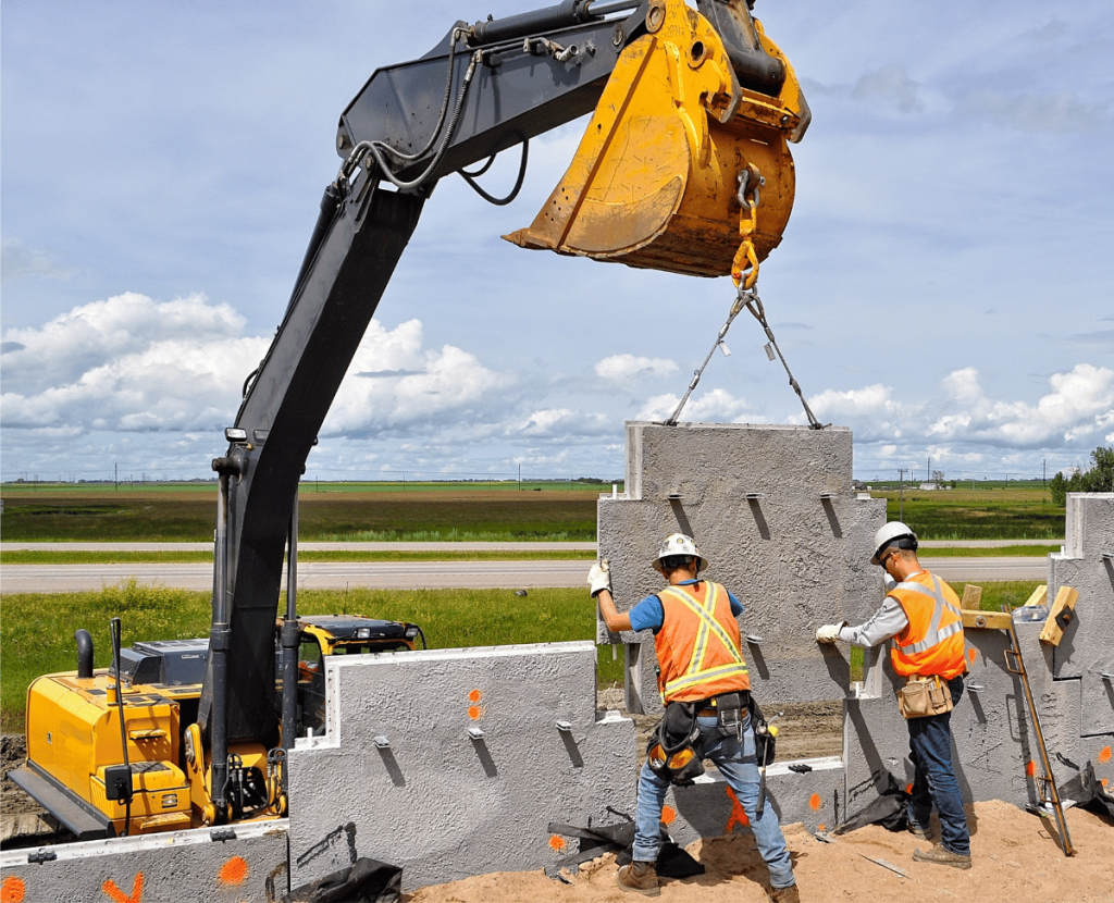 Construction workers building an MSE wall